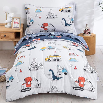 DJY Cotton Twin Bedding Set, Dinosaur Cars Reversible Twin Comforter Set by HOME