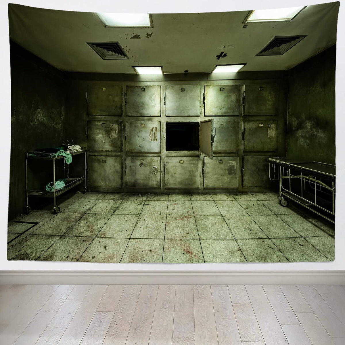BELECO Old Abandoned Hospital Backdrop Fabric 9x6ft Gloomy Hospital Morgue Interior Tattered Lockers Bloodstains Sickbed Background Horrible Halloween Party Decorations Portraits Photo Studio Props