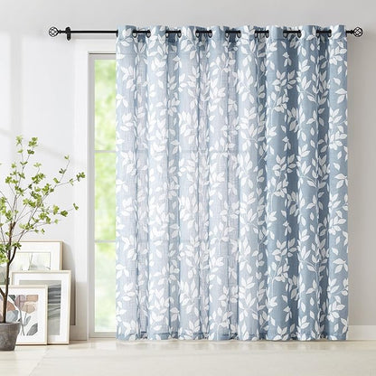 Treatmentex Blue White Sliding Glass Door Curtain Leaf Print Semi Sheer Curtain by Treatmentex
