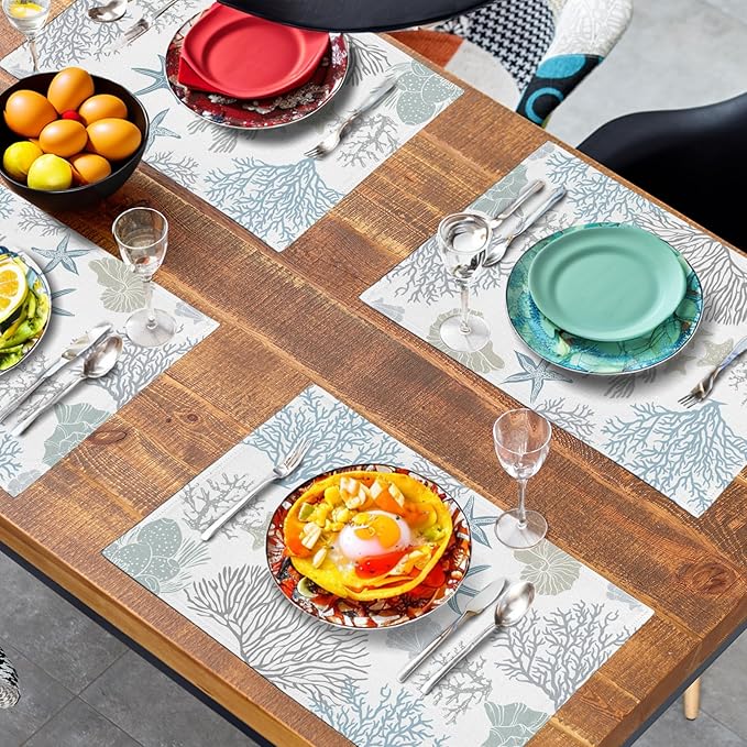 Summer Linen Placemats Set of 4 Nautical Coastal Theme Washable Non-Slip Heat - Image 7