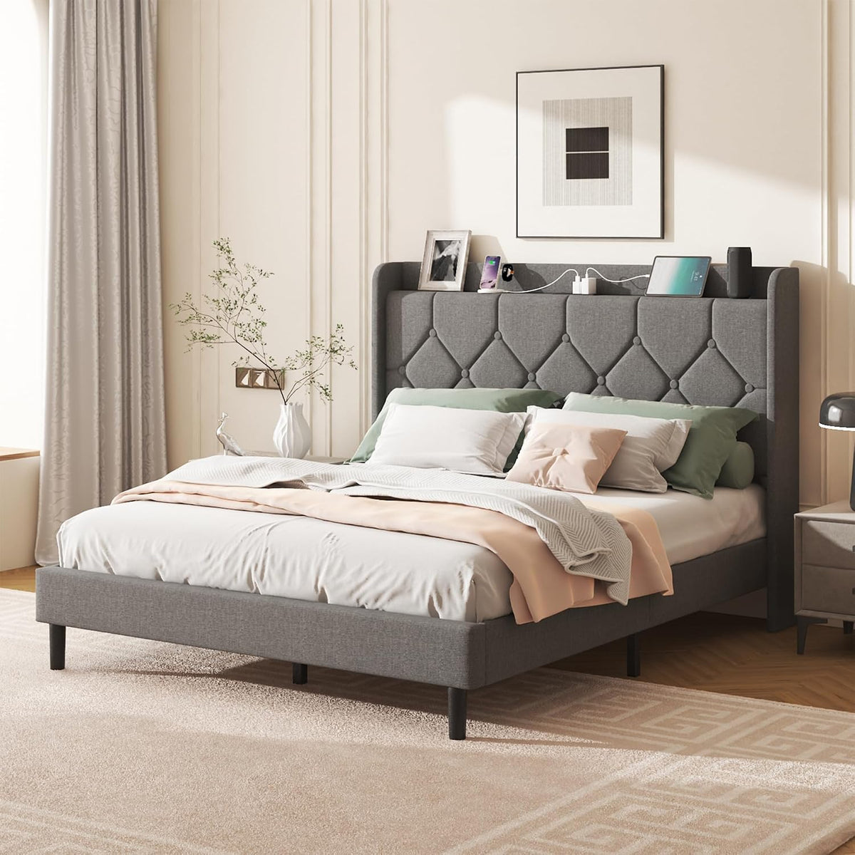 queen size bed frame, linen upholstered storage headboard&, front angle view