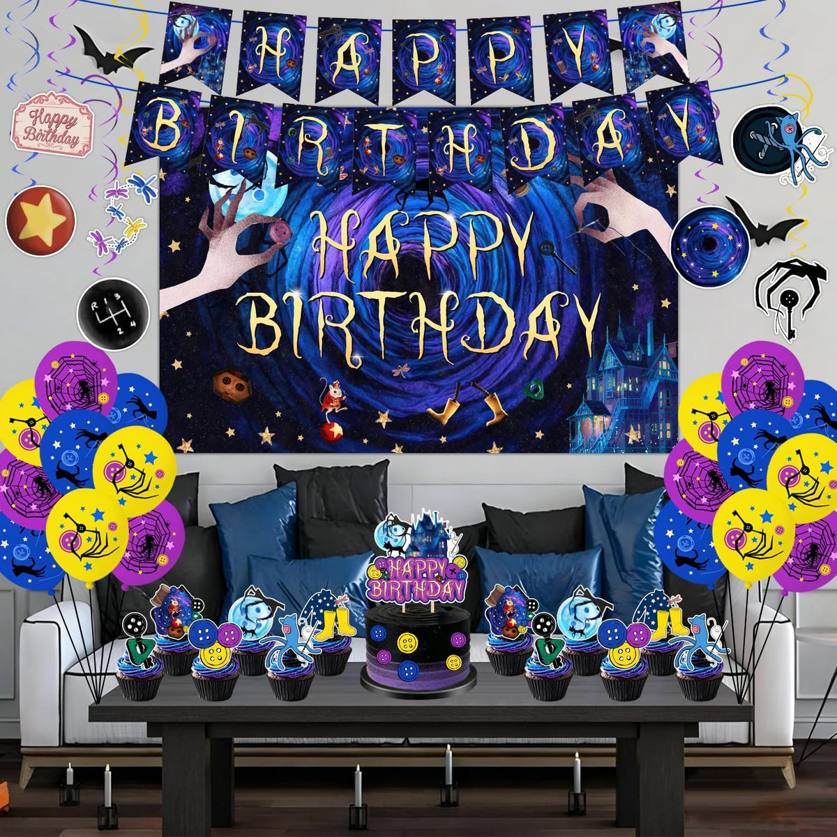 40Pcs Horror Birthday Party Decorations Blue Purple Theme Birthday Party Supplies Including Banner Hanging Swirls Balloons Backdrop Cake Toppers and Cupcake Toppers for Halloween Parties Decorations
