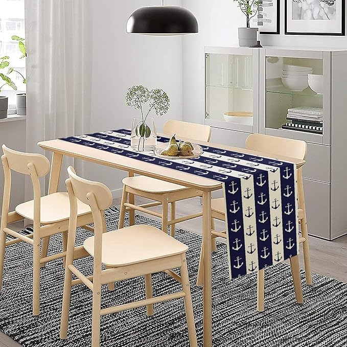 Nautical Anchor Table Runner, Ocean Beach Coastal Beach Stripe Background Theme - Image 2