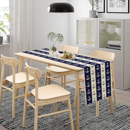 Nautical Anchor Table Runner, Ocean Beach Coastal Beach Stripe Background Theme - Image 2
