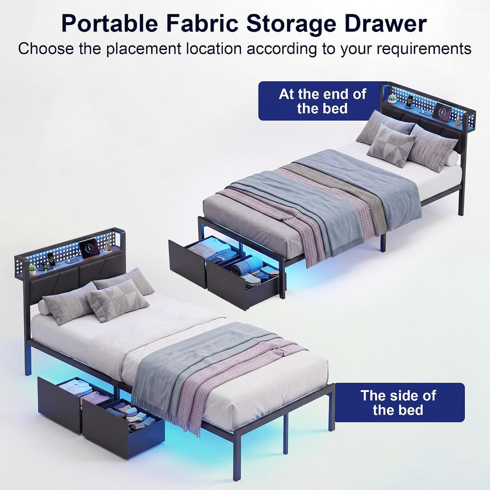 Twin Bed Frames with 2 Drawers, Platform Bed with LED Lights & Charging S...