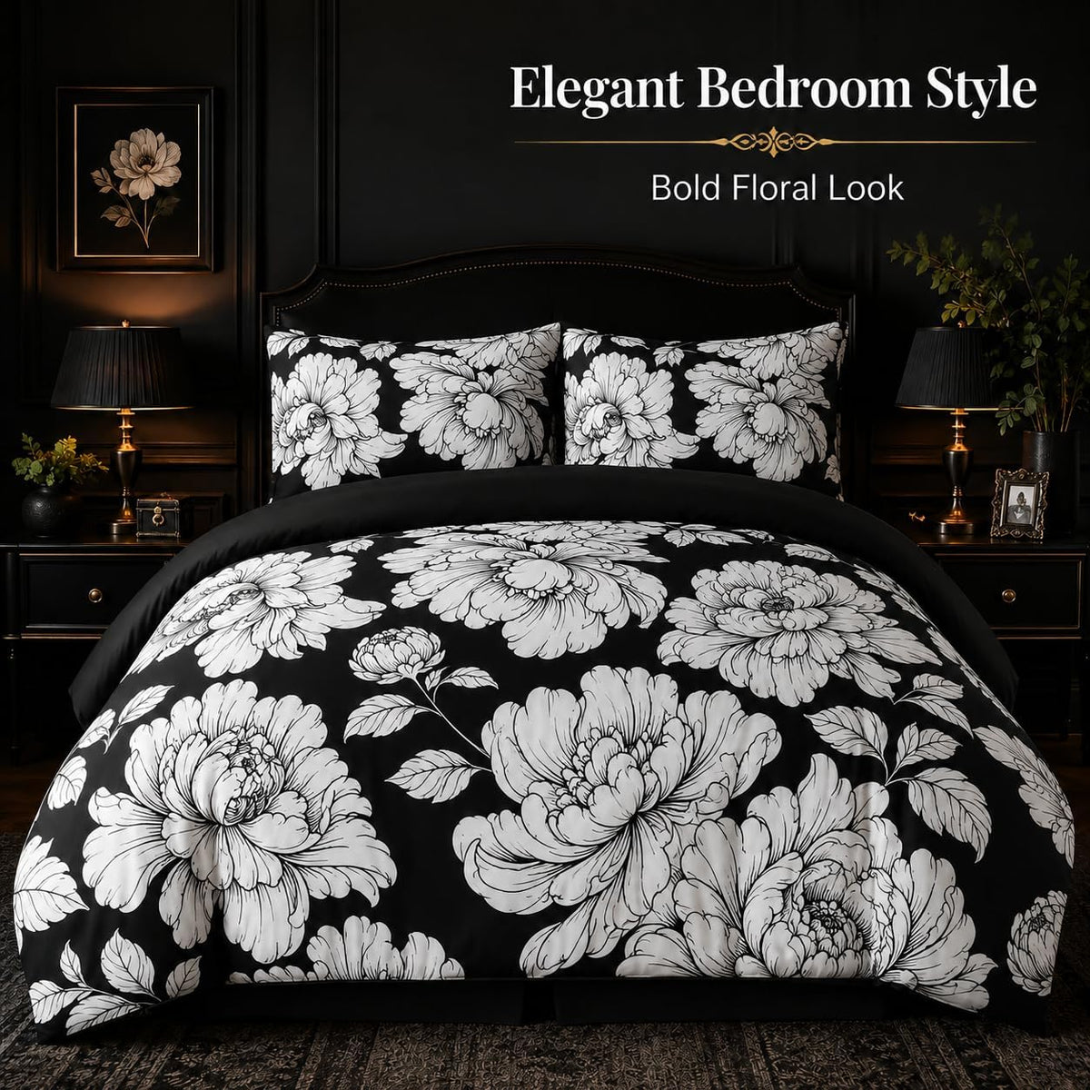 ccoutuechen black white floral comforter set queen size, side view