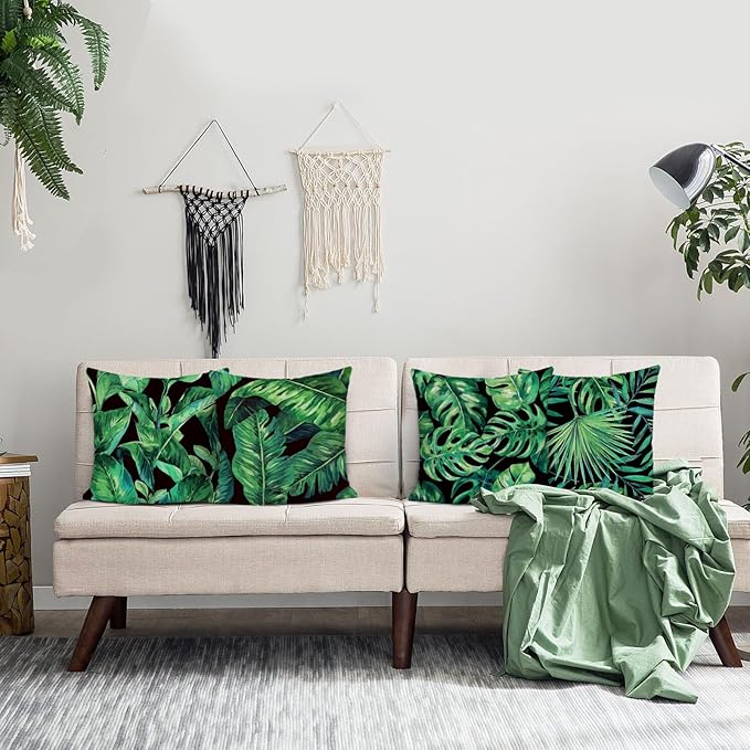 Bonhause Tropical Green Leaves Pillow Covers 18x18 Palm Leaf Decorative Pillow - Image 3