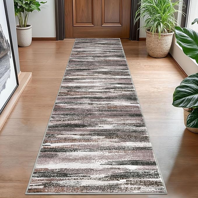 Modern Abstract Hallway Runner Rug, Dark Light Brown White Washable Kitchen by lansny