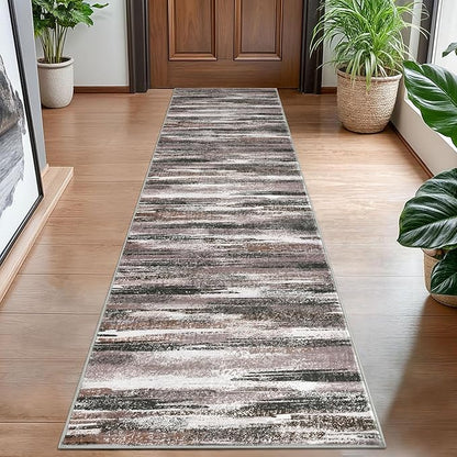 Modern Abstract Hallway Runner Rug, Dark Light Brown White Washable Kitchen by lansny