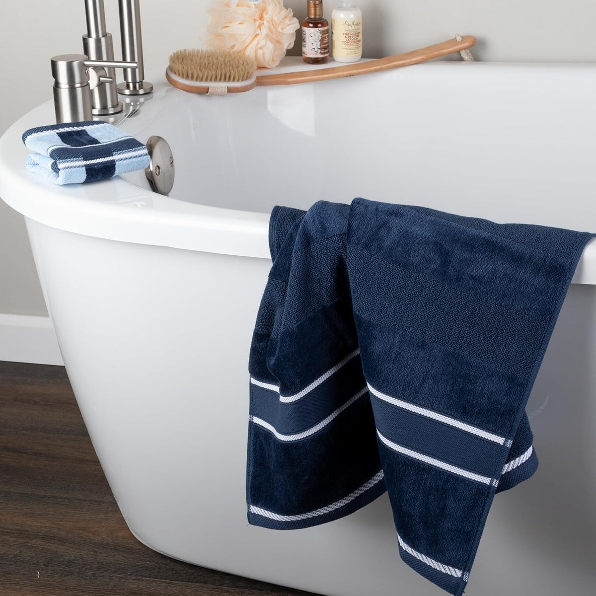 lavish home bathroom towels set, bathroom accessories, navy showing dimensions