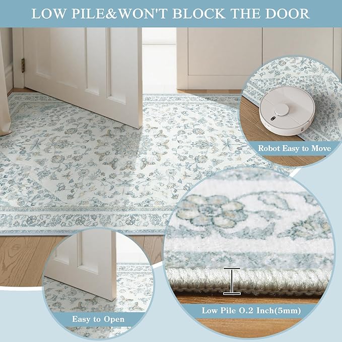 Moynesa Vintage Washable Blue 2x6 Hallway Runner Rug, Neutral Distressed - Image 4