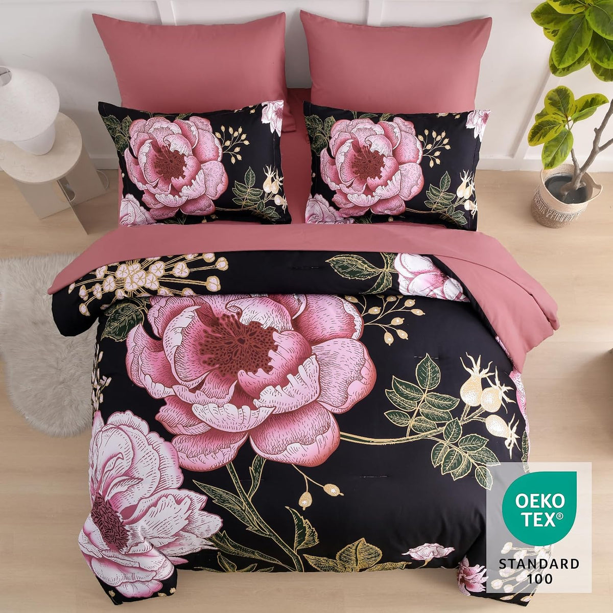 luxudecor floral comforter set queen,7-piece bed in a, close-up detail