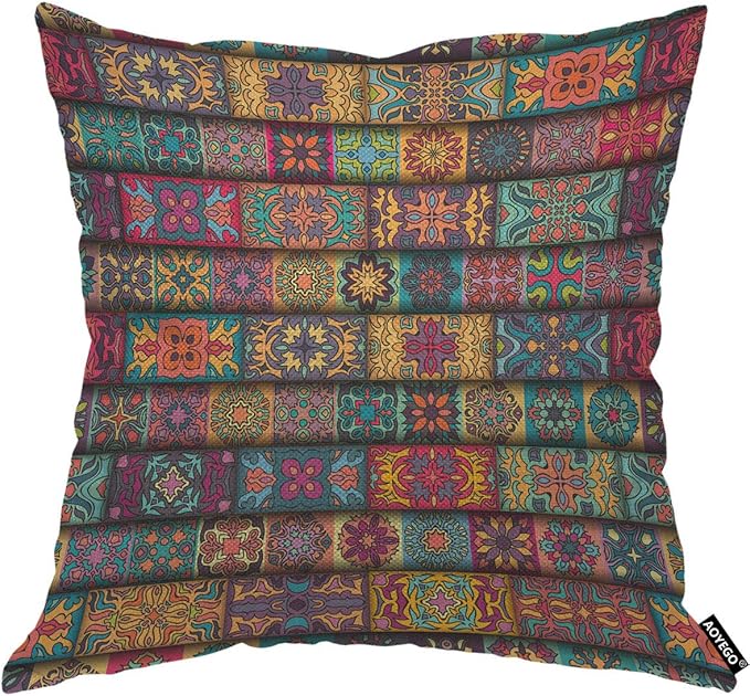 AOYEGO Bohemian Throw Pillow Cover Patchwork Floral Collage Ethnic Colorful by AOYEGO