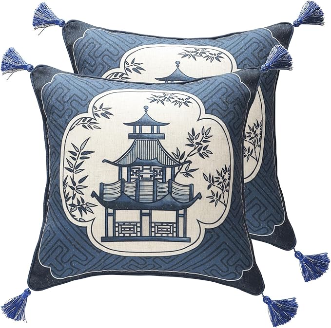 Chinoiserie Throw Pillow Covers Set of 2, Classic Chinoiserie Blue and White by bilingaier