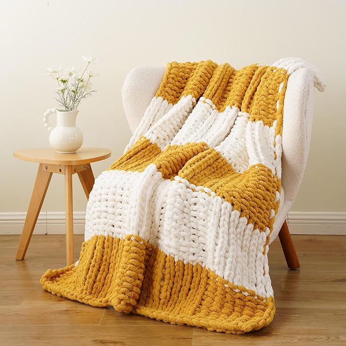 Battilo Mustard Yellow Chunky Knit Throw Blanket, Soft and Thick Chenille Throw by Battilo