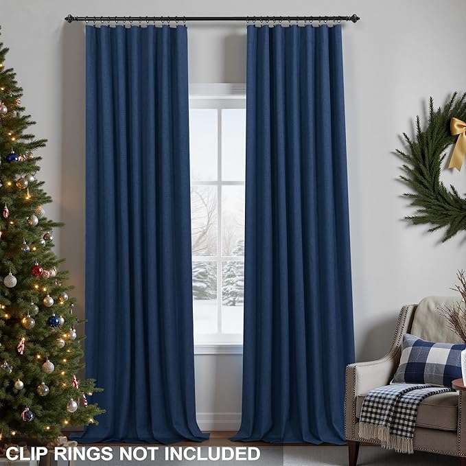 KOUFALL 52x102 Inch Length Navy Blue Back Tab Linen Blackout Curtains - Image 3