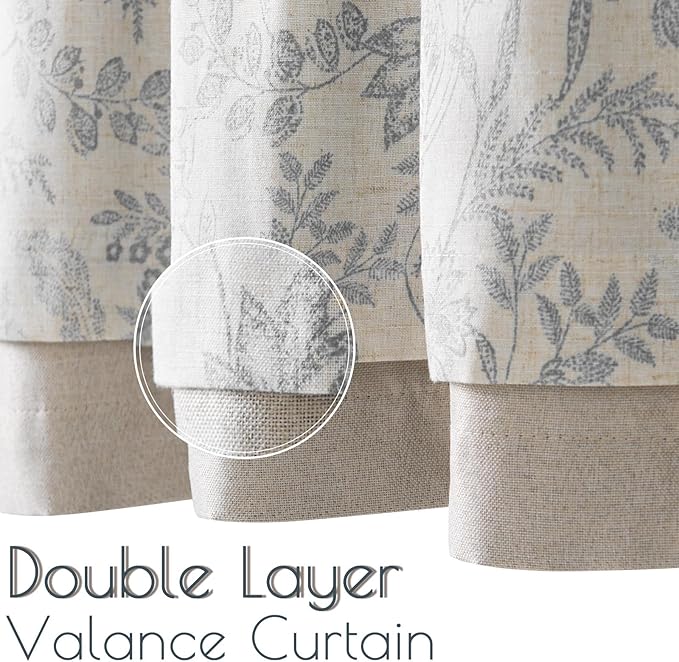 jinchan Linen Valance Curtain Farmhouse Grey Floral Printed Small Window Curtain - Image 4