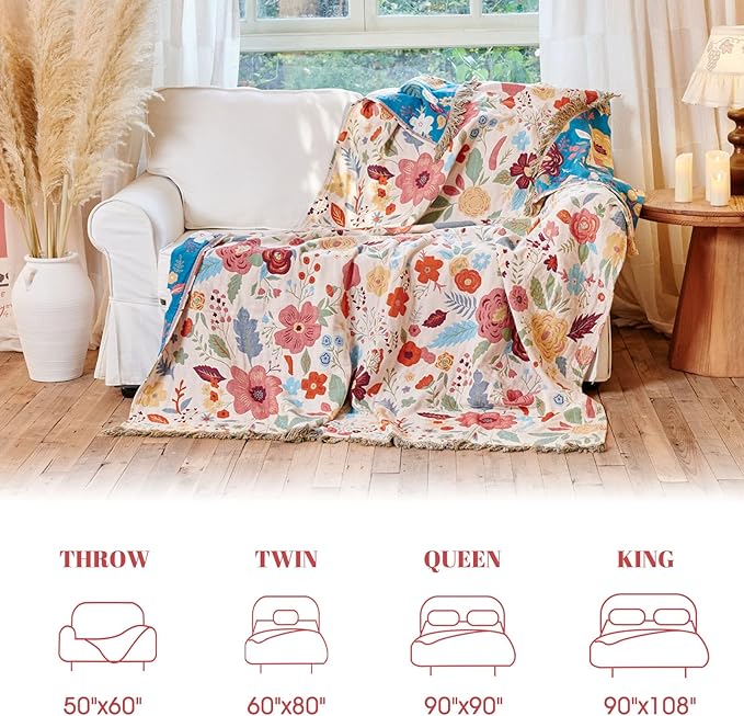 MSGKV Boho Throw Blanket for Couch 100% Cotton Floral Blanket 50"x60" Sofa Bed - Image 6