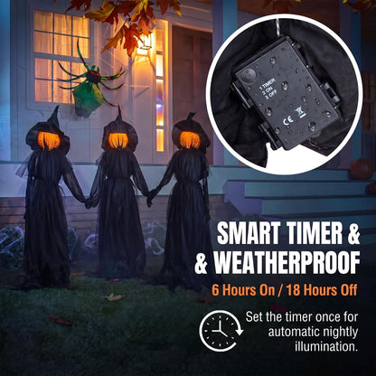Evergreen Set of 3 LED Black Halloween Witches with Hats Stakes | 4 Feet Tall | Weatherproof Battery Operated | Spooky Garden Statue Outdoor Decoration Grass Lawn or Patio