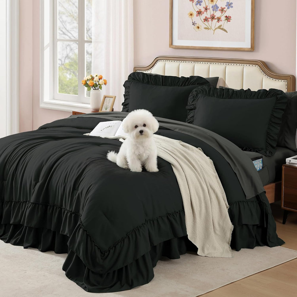 AMBERSPACE Queen Comforter Set Black Ruffle 7 Pieces Farmhouse Bed in a Bag
