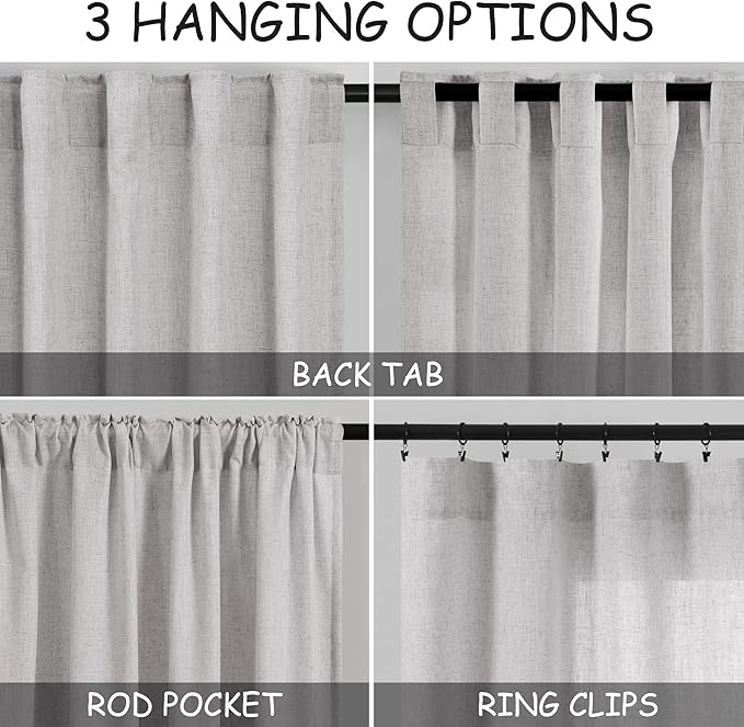 Nanspring Grey Linen Curtains 63 Inches Length 2 Panels Set - Image 3