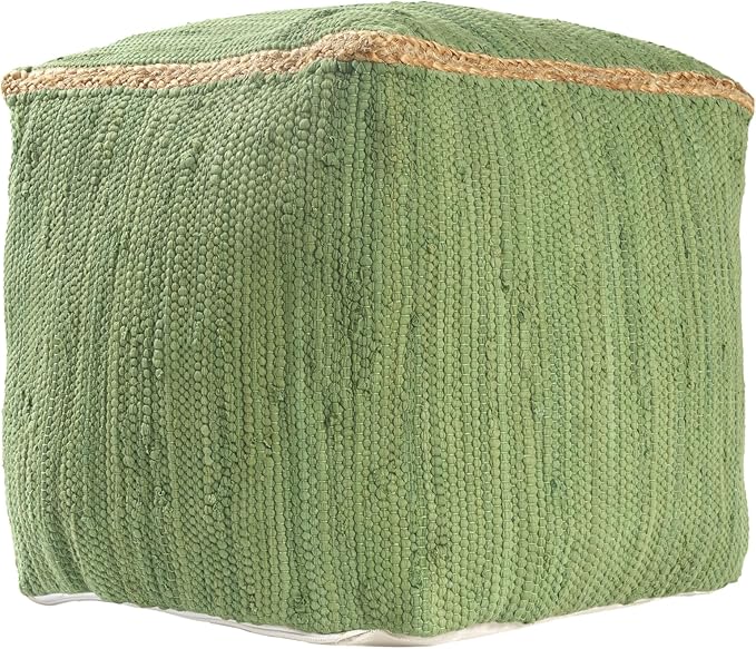 LR Home Green Bordered Hand-Loomed Cotton Blend Cube Pouf - Image 2
