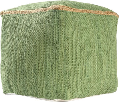 LR Home Green Bordered Hand-Loomed Cotton Blend Cube Pouf - Image 2