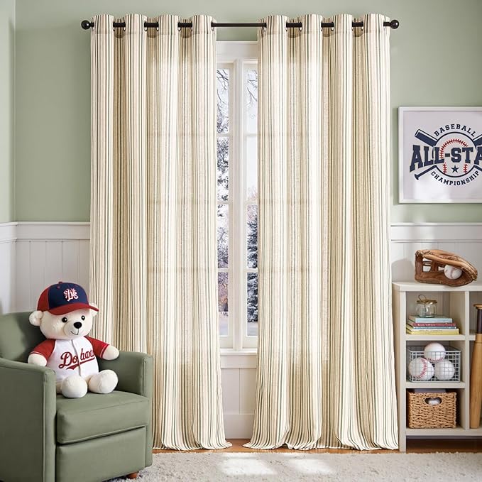 Vangao Linen Striped Green Curtains Boho Tickingstripe Light Filtering Nursery - Image 2