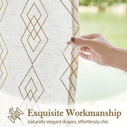 Linen Boho Curtains for Bedroom, 96 Inches Long Curtains Gold Foil Metallic - Image 4