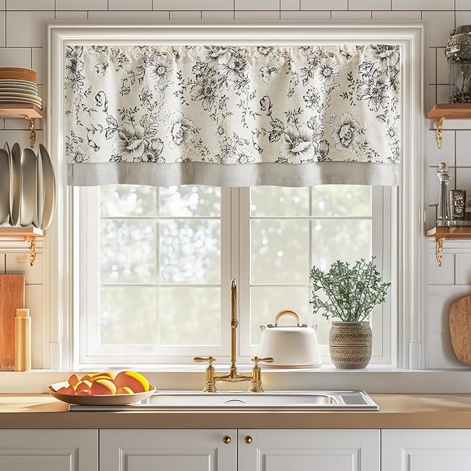 jinchan Linen Valance Curtain Farmhouse Black Floral Small Window Curtain - Image 2