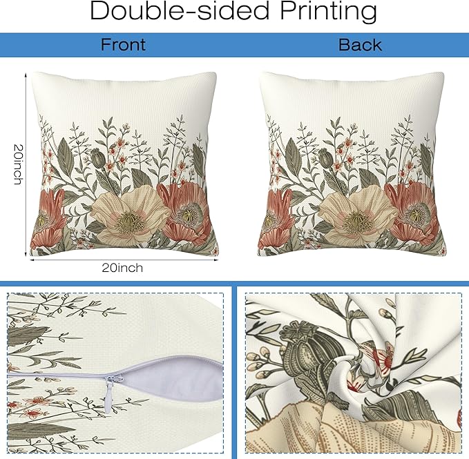 Vintage Poppy Flowers Throw Pillow Covers Set of 2 Blooming Flowers Pillow - Image 2
