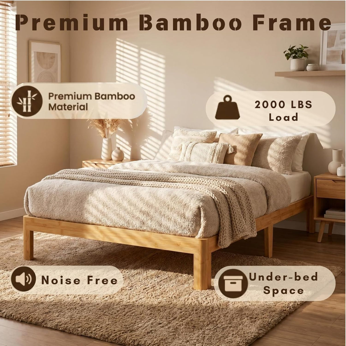 askeld 12 inch bamboo solid wood twin bed, close-up detail