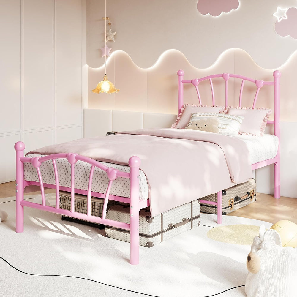 GarveeHome Twin Size Bed Frame, Metal Bed Frame with Headboard, Pink