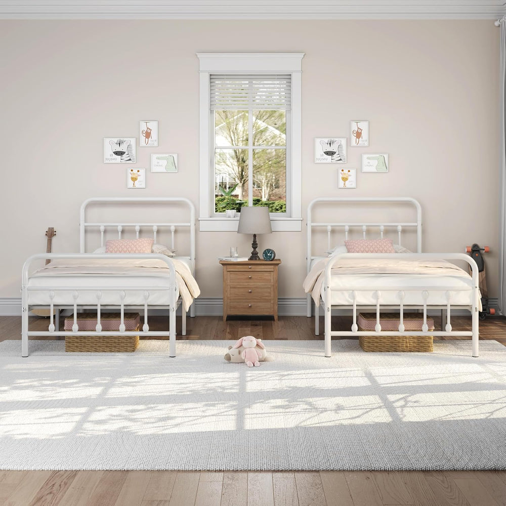 Yaheetech 2 Pcs Twin Bed Frame with Headboard, Victorian Vintage White Iron