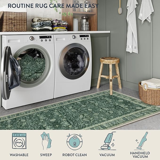 Lahome Vintage 2x5 Green Kitchen Runner Rugs Non Skid Washable, Boho Runner Rug - Image 3