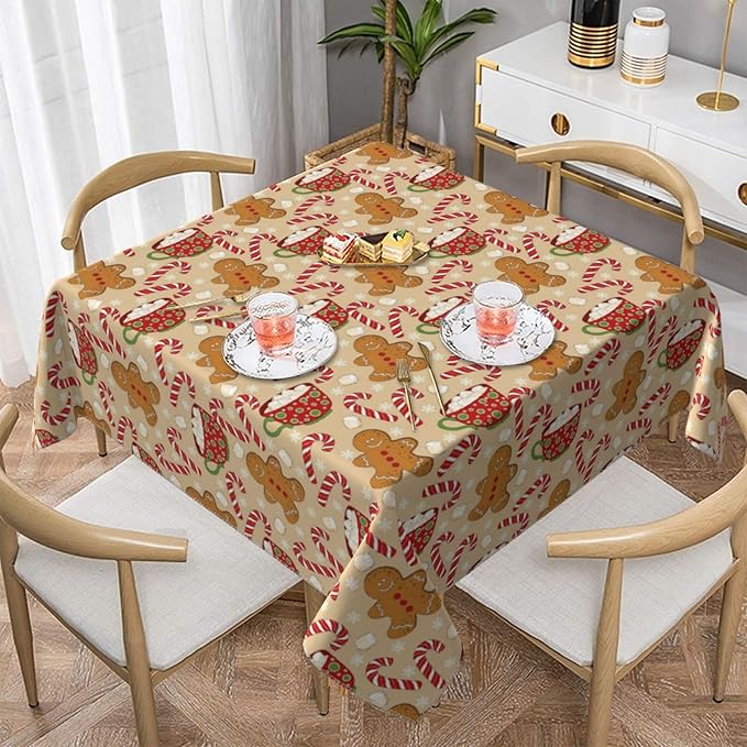Christmas Tablecloth Square 60×60 Inch, Gingerbread Man Candy Cane Holiday - Image 2