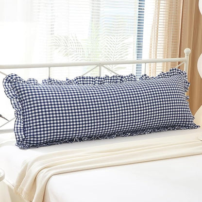 Navy Blue White Plaid Ruffled Gingham Body Pillow Cover, 100% Washed Cotton by KMASANIJI