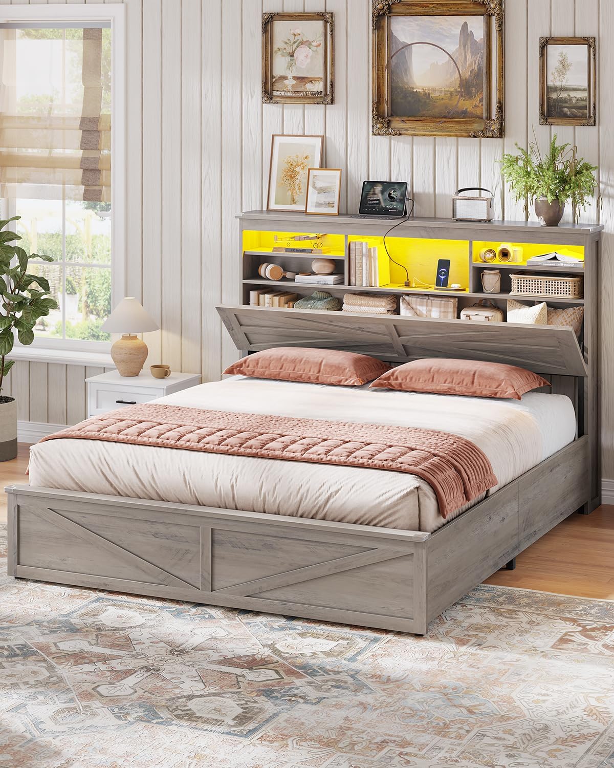 aogllati farmhouse full size bed frame with lift, close-up detail