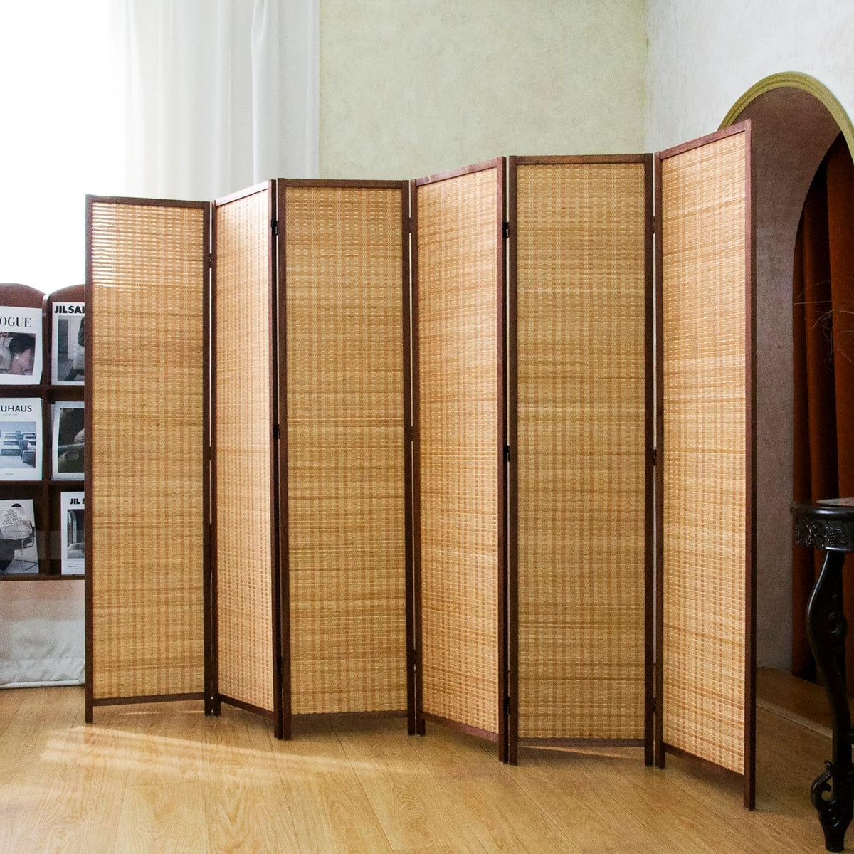 6 panel bamboo room divider screen,5.6 ft tall shown in use