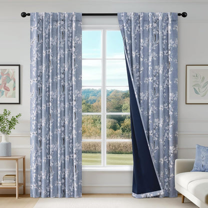 fmfunctex blue blackout floral curtains for bedroom, 63 shown in use