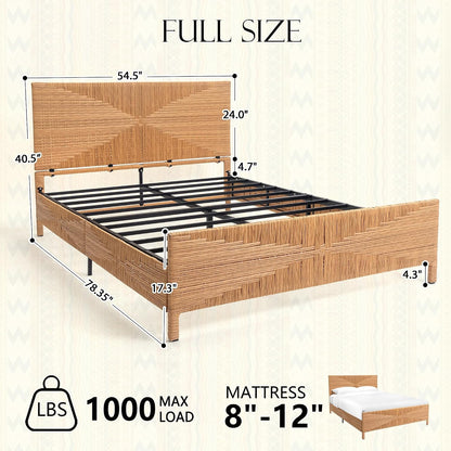 yechen boho full bed frame with headboard and shown in use