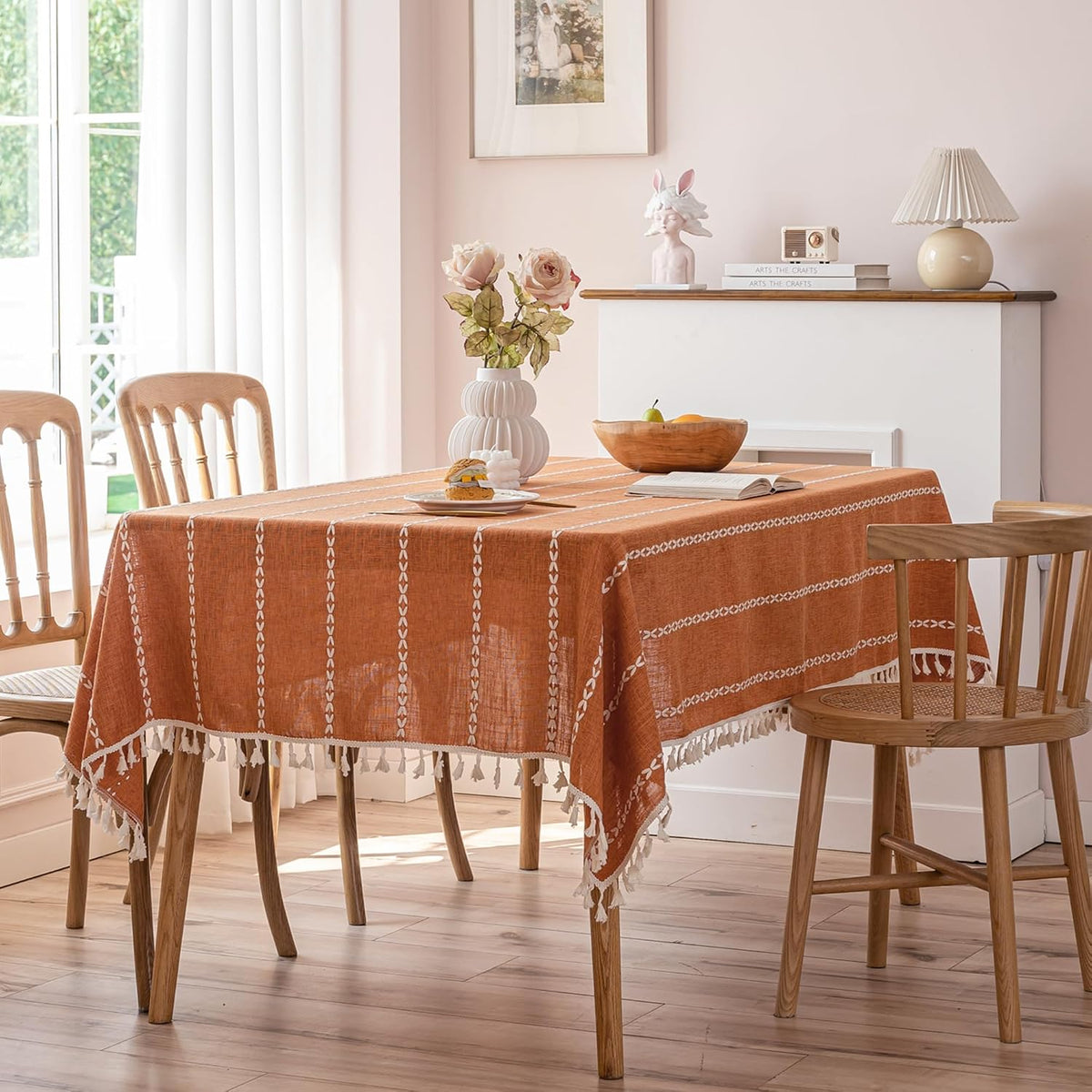 Burnt Orange Linen Rectangle Table Cloth with Tassel Farmhouse Burlap Tablecloths for Kitchen Dining Heavyweight Oblong Table Covering Cloth Autumn Fall Halloween Holiday Boho Decor, 55x102 Inch