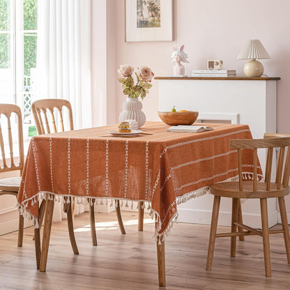 Burnt Orange Linen Rectangle Table Cloth with Tassel Farmhouse Burlap Tablecloths for Kitchen Dining Heavyweight Oblong Table Covering Cloth Autumn Fall Halloween Holiday Boho Decor, 55x102 Inch