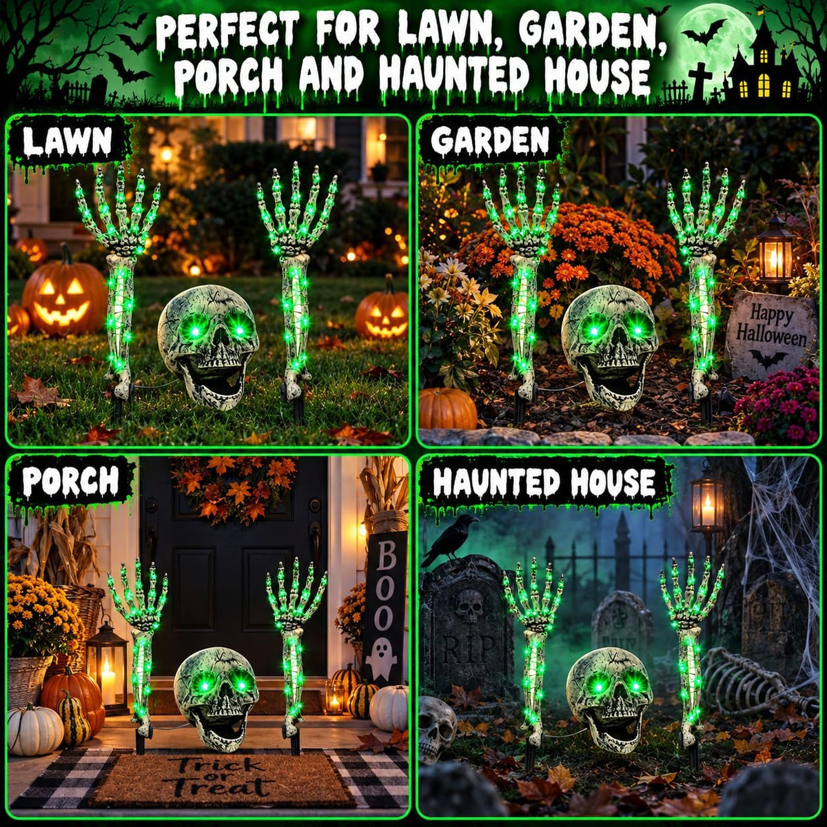 Halloween Skeleton Decorations Outdoor, Light Up Skull Head & Skeleton Hands Lights Stake with Green LED, Battery Operated Halloween Yard Decor for Lawn, Garden, Graveyard, Haunted House & Party