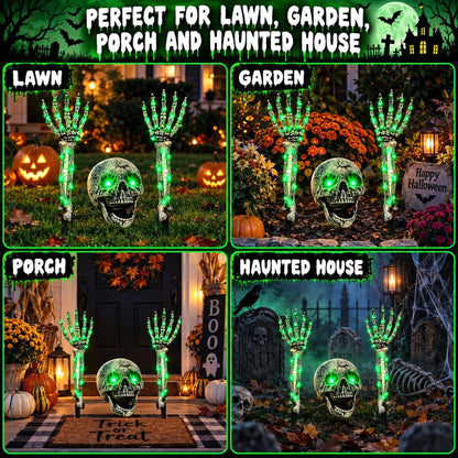 Halloween Skeleton Decorations Outdoor, Light Up Skull Head & Skeleton Hands Lights Stake with Green LED, Battery Operated Halloween Yard Decor for Lawn, Garden, Graveyard, Haunted House & Party