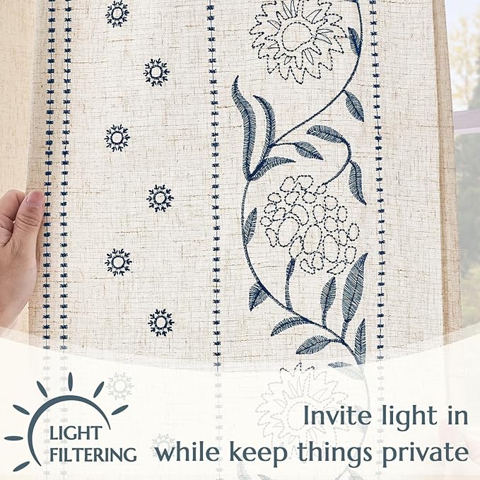 jinchan Winslow Linen Curtains for Bedroom 63 Inches Length Embroidered - Image 5