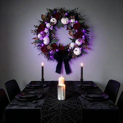 HipTree 20 Inch Gothic Halloween Wreath for Front Door with Purple Lights