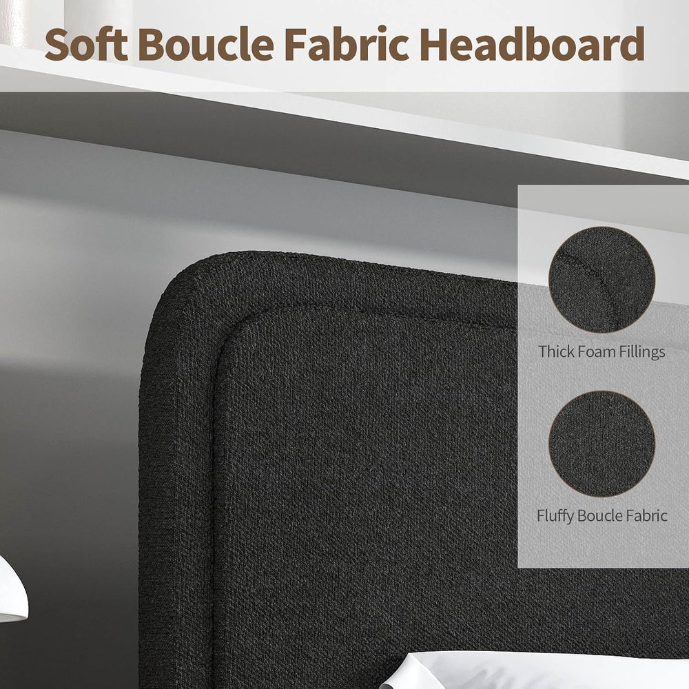 Twin Bed Frame, Cloud Boucle Headboard, Rounded Corners, Black