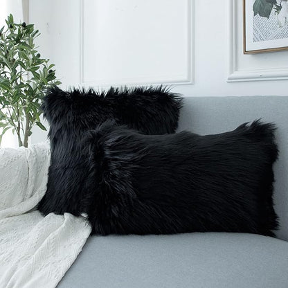 LIGICKY Set of 2 Decorative Black Fluffy Throw Pillow Cover Faux Fur Shams - Image 3
