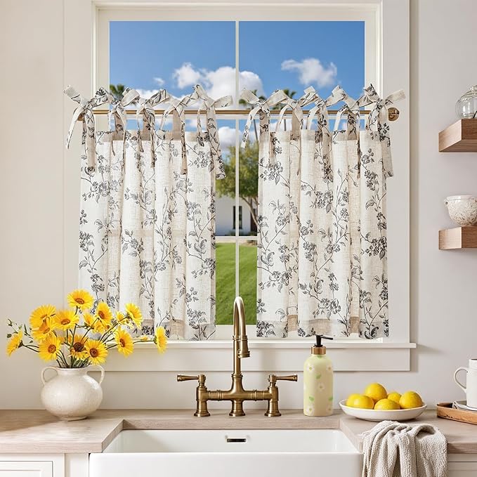 jinchan Floral Kitchen Curtains 24 Inch Linen Tier Curtains Farmhouse Cafe Half by JINCHAN